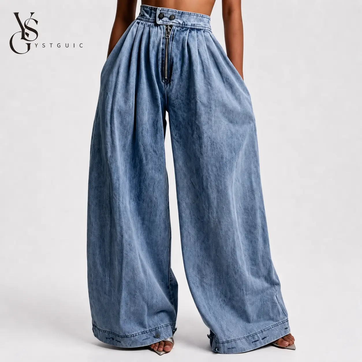 Women's Classic High-Rise Wide Leg Denim Jeans Vintage Acid Wash, Adjustable Button Hem for Baggy-to-Jogger Style Switch, Elastic Back Waist, Deep Pockets, Streetwear Basic Cropped Bottom with Drape Fit Pants Womenswear