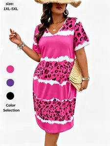 Fashion Plus Size Leopard Print V Neck Short Sleeve Loose T-Shirt Dress Womenswear, Summer Vacation Wear, Casual Home and Outdoors
