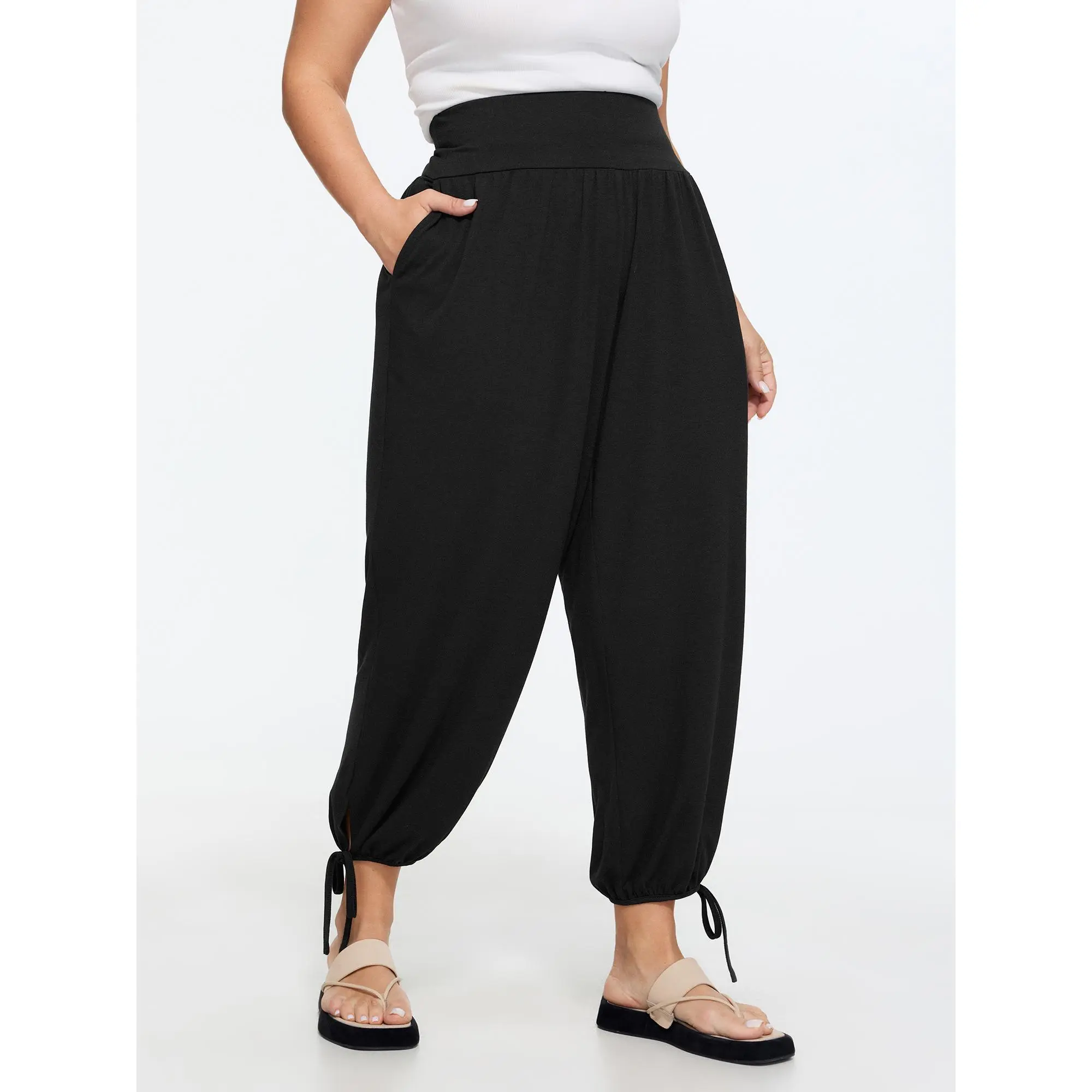 BLOOMCHIC Women's Plus Size Mid Rise Supersoft Stretchy Polyester Blend Spandex Cropped Pants [M-6X] - Casual Leisure Bottoms with Drawstring Side, Pocket, Summer Fabric, Elastane, Smocked Waist, High Stretch, Machine Wash