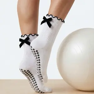 White Grip socks with black bow Soft Stretchy Secure for Pilates Yoga Size 6-9 Comfy Fit
