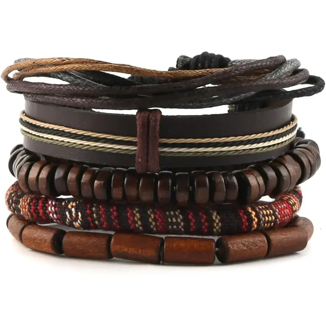 Unisex Ethnic Tribal Multilayered Leather Wrap Bracelets Set - Fashion Accessory with Hemp Cords, Wood Beads, Adjustable 15 - 25Cm for Bikers, Daily Wear, Gifts for Friends, Anniversary, Birthday, Halloween, Gifts For Boyfriend, Christmas
