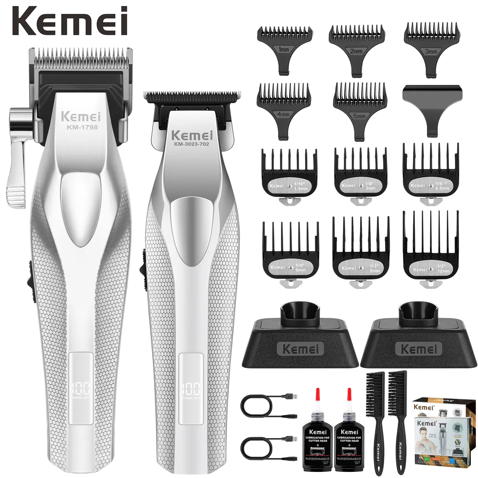 KEMEI KM-1798 & KM-3023-702 Professional Men's Grooming Kit, Cordless USB Rechargeable Hair Clipper & Beard Trimmer, LED Display, Ceramic & DLC Blades, Barber Equipment for Haircut, Holiday Gift
