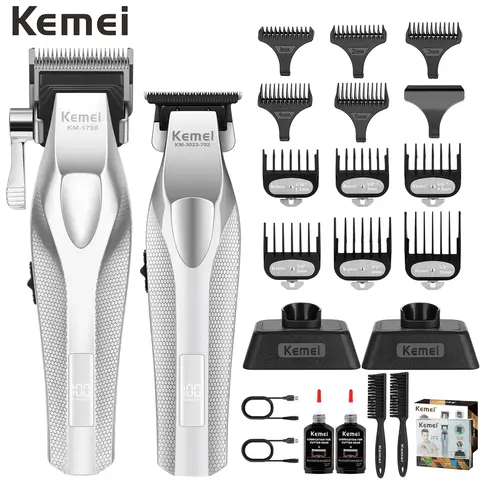 KEMEI KM-1798 & KM-3023-702 Professional Men's Grooming Kit, Cordless USB Rechargeable Hair Clipper & Beard Trimmer with LED Display, Ceramic & DLC Blades, Barber Equipment for Haircuts, Valentine's Day Gift for Boyfriends (Includes Cleaning Brushes)