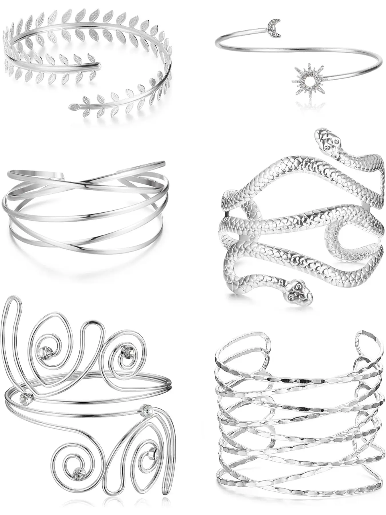 6Pcs Cuff Bracelets for Women Girls| Upper Arm Cuff Jewelry Open Armlets| Simple Snake Armband Coil Bracelet Set| Minimalist Bangle| Adjustable Cuff Bangles Set for Halloween Accessories| Exquisite Bracelet| Elegant Jewelry Bracelet