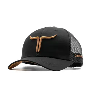 Cattle Ranch Black Copper Premium Hat Handcrafted 6 Panel Curved Brim Suede Cotton Mesh Adjustable Snapback 3D Embroidery Trucker Hat Trucker Style Sports Cap Sports Outdoor Hats