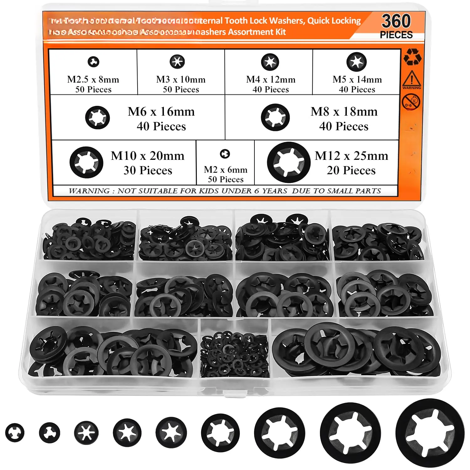 360 count 9 Sizes Internal   Lock Washers, Quick Speed Locking Washers, Push Nuts, Speed Clips Retaining Clips Fasteners Assortment Kit