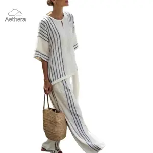 Boho Striped Linen Two Piece Set for Women, Casual Loose Fit Half Sleeve Top & Wide Leg Pants Matching Outfit, Lightweight Breathable Summer Set, Ideal for Beach, Vacation, Brunch & Daily Trendy Boho OOTD Style