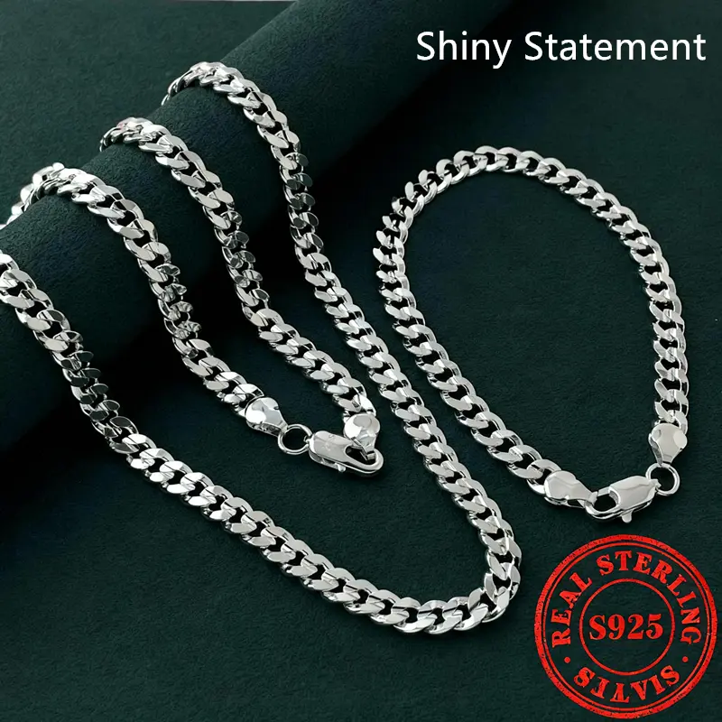 925 Sterling Silver-plated 7mm Sideways Men's women Chain Necklace Bracelet SetJewelry Gift -22IN/24IN Shiny Statementsummerwins
