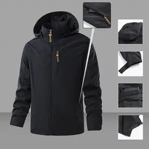 Men's Black Waterproof Hooded Jacket with Leather-Accented Zippers - Windproof Raincoat with Front Zip Pockets for Outdoor Protection