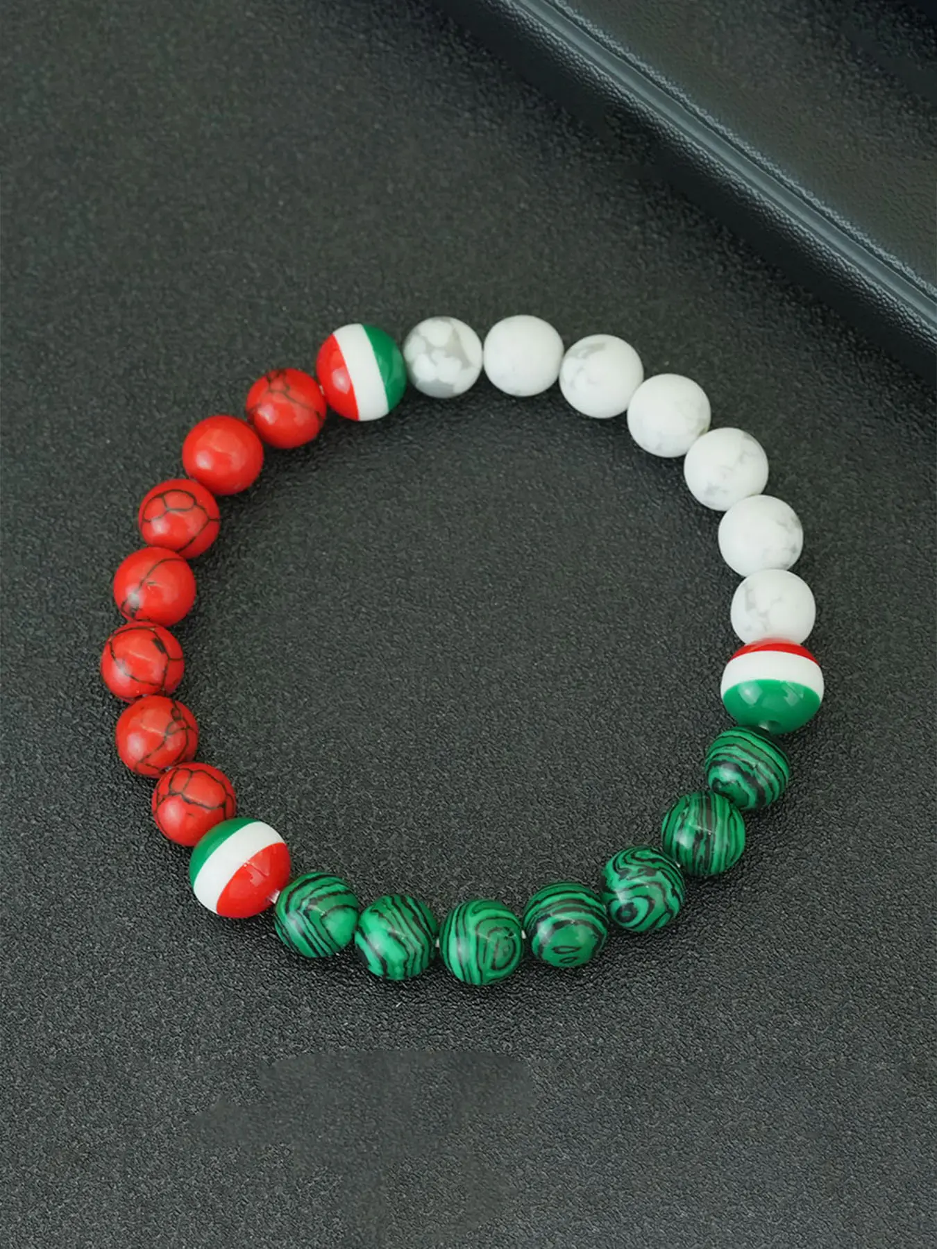 Men's Beaded Bracelet Italian Flag Colors Stripe Round Barrel Beads Handmade Elastic Ethnic Jewelry Gift Idea Bead Bracelets Fashionable Bracelet Ball Bead Bracelet Adjustable Beaded Design