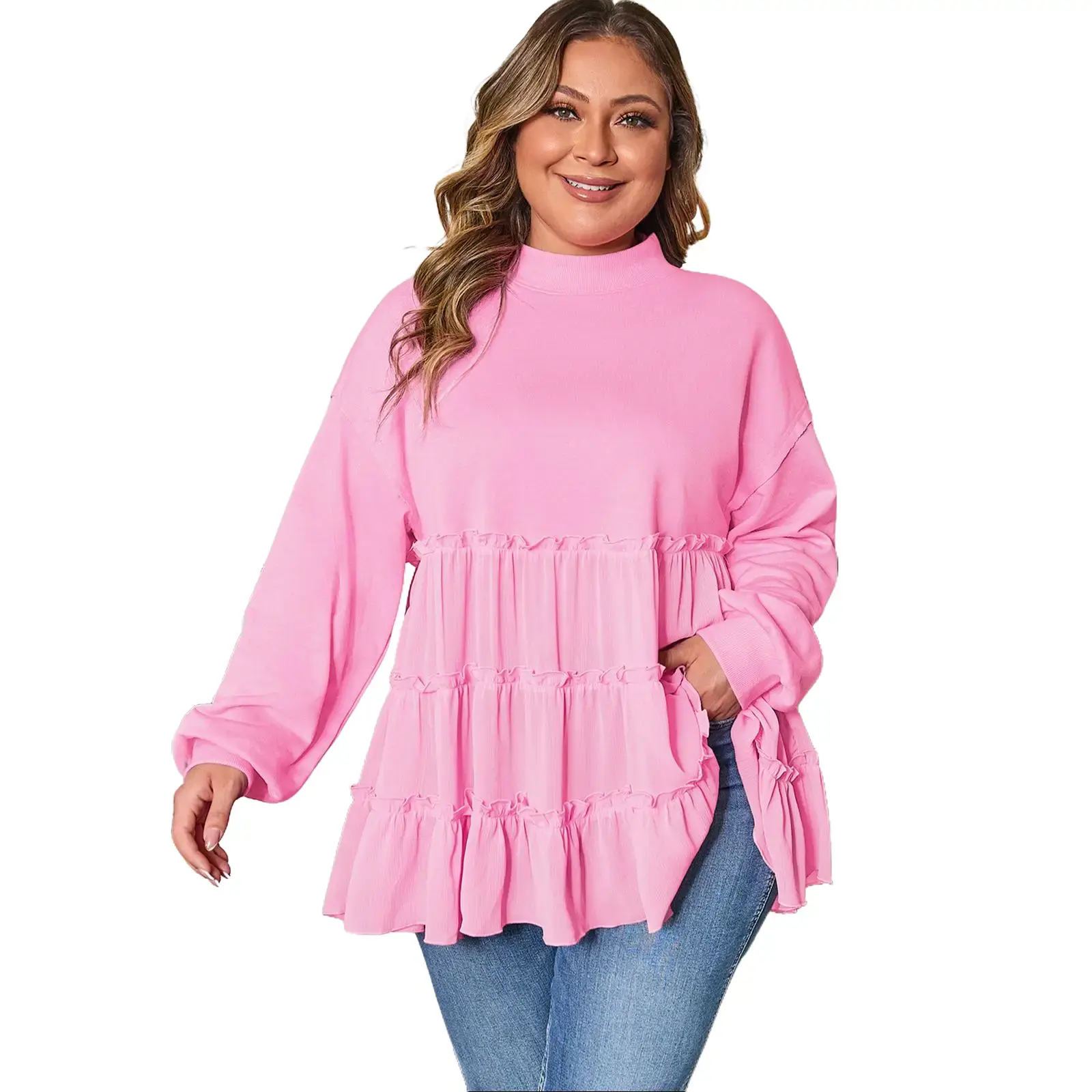HOTAPEI Women's Plus Size Mock Neck Tunic Top - Long Sleeve Mixed Fabric Tiered Ruffle Hem Loose Fit Chic Feminine Casual Tops Shirts, Knitwear