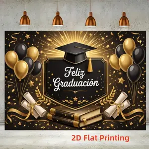 2D Flat 1PC Polyester Black Gold Feliz Graduación Graduation Backdrop Banner, Grad Cap Balloon Diploma Book Star Photography Background, Ideal For High School College Graduation Ceremony, Spanish Grad Party, Grad Banquet Dinner, Dessert Table Decor