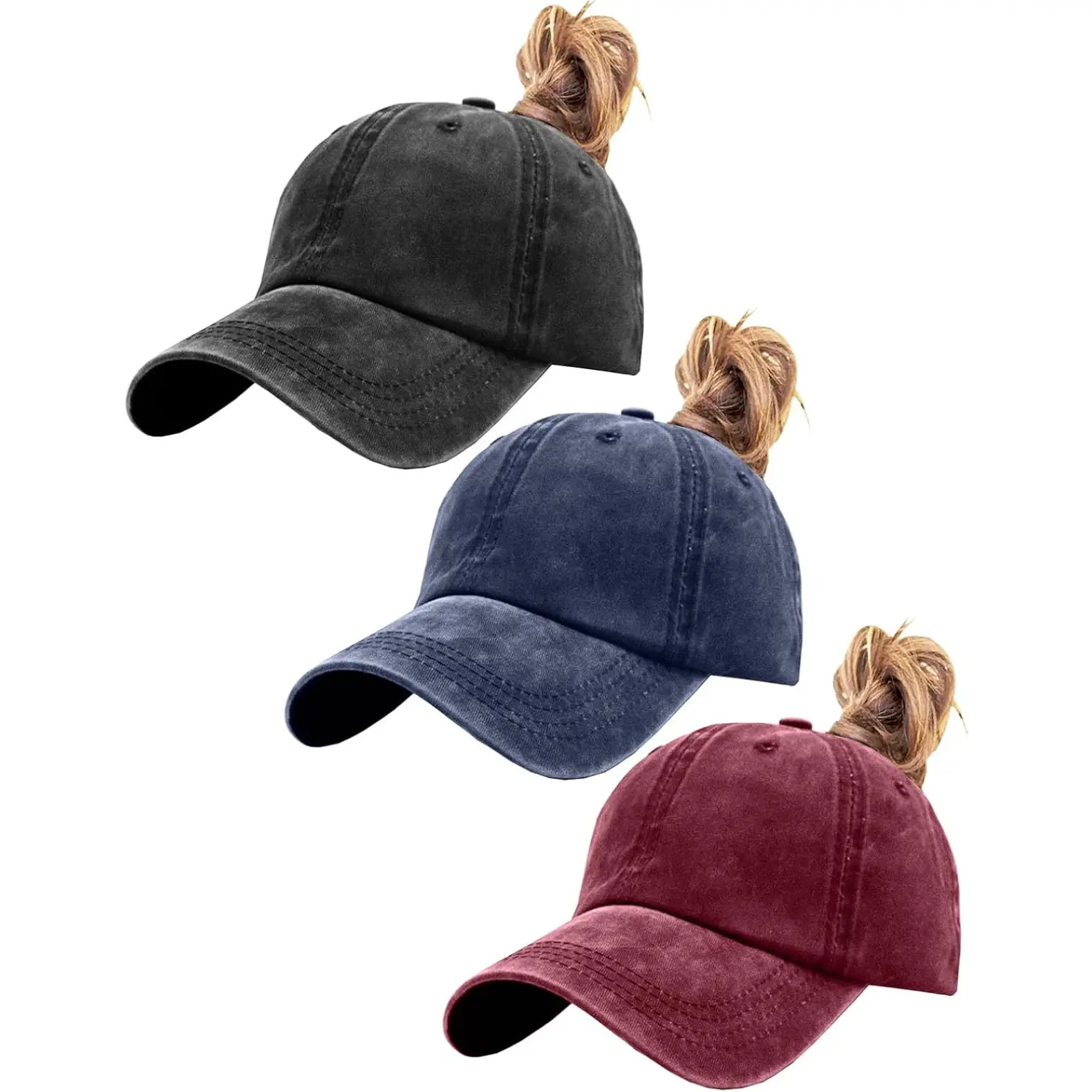 3 Pack Women's Ponytail Caps, Lightweight Distressed Washed Hats with Curved Brim & Ponytail Hole for Outdoor Sports, 100% Cotton, Buckle, All Seasons, Women's Adjustable Fit, Baseball Caps, Washable, Adjustable Cotton Cap, Athletic Hats