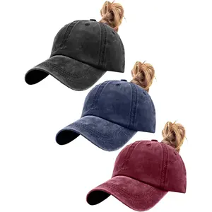 3 Pack Women's Ponytail Baseball Cap, Breathable Vintage Washed Cotton with Adjustable Buckle for Daily & All Seasons Wear