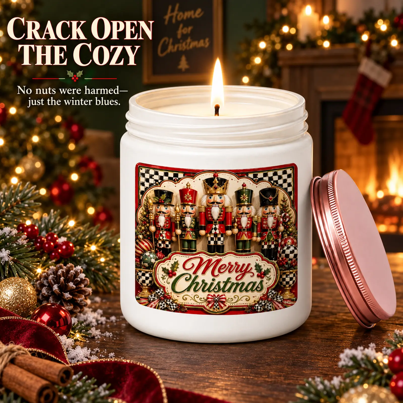 Handmade Nutcracker Christmas Scented Soy Jar Candle - 4 Festive Designs, Sea Salt+Orchid Floral, Gingerbread, Blush Pink Aromas, Cozy Kitchen Room Decoration, Holiday Gifts for Family Friends