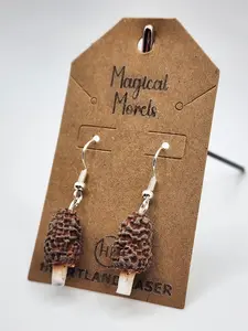 Morel mushroom dangle earrings, handmade in Indiana