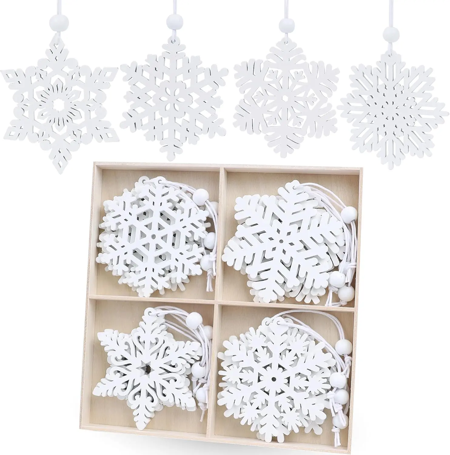 16-Count Modern Decorative 3in Wooden Snowflake Ornaments, 8 Styles White Christmas Tree Decorations, Winter Garland & Holiday Craft Supplies with Boxes