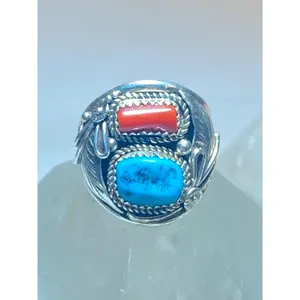 Turquoise ring size 10.75  coral Navajo southwest band sterling silver