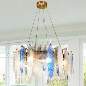 23.6 Inch Modern Glam Blue & White Textured Glass Chandelier, Gold Metal Frame, 8-Light E14 Base with 3-Color Temperature Bulbs Included, Wall Switch Control, Adjustable Hanging Height for Dining Room Living Room Bedroom Foyer