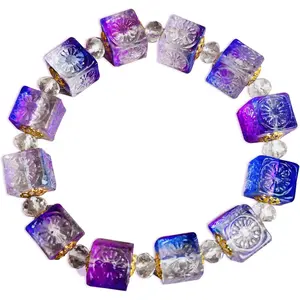 Purple Stretch Cube Beaded Dainty Vintage Sparkle Austrian Crystal Clear Quartz Preppy Flower Boho Women Bangles Jewelry Gifts Mom Wife Girlfriend Eve