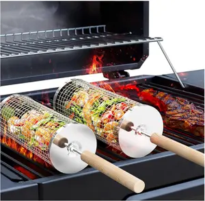 Rolling Grill Basket, Removable Wooden Handle, 304 Stainless Steel, Nesting BBQ Tools, Smoker Grilling Accessories for Vegetable, Outdoor Cooking Camping, Birthday Gifts for Men Dad Husband