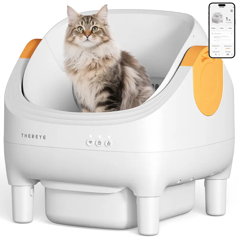 Thereye Open-Top Self-Cleaning Litter Box: Extra-large 10L waste bin, smart app control, anti-pinch design, odor-free, includes waste bags; suitable for all types of cats.