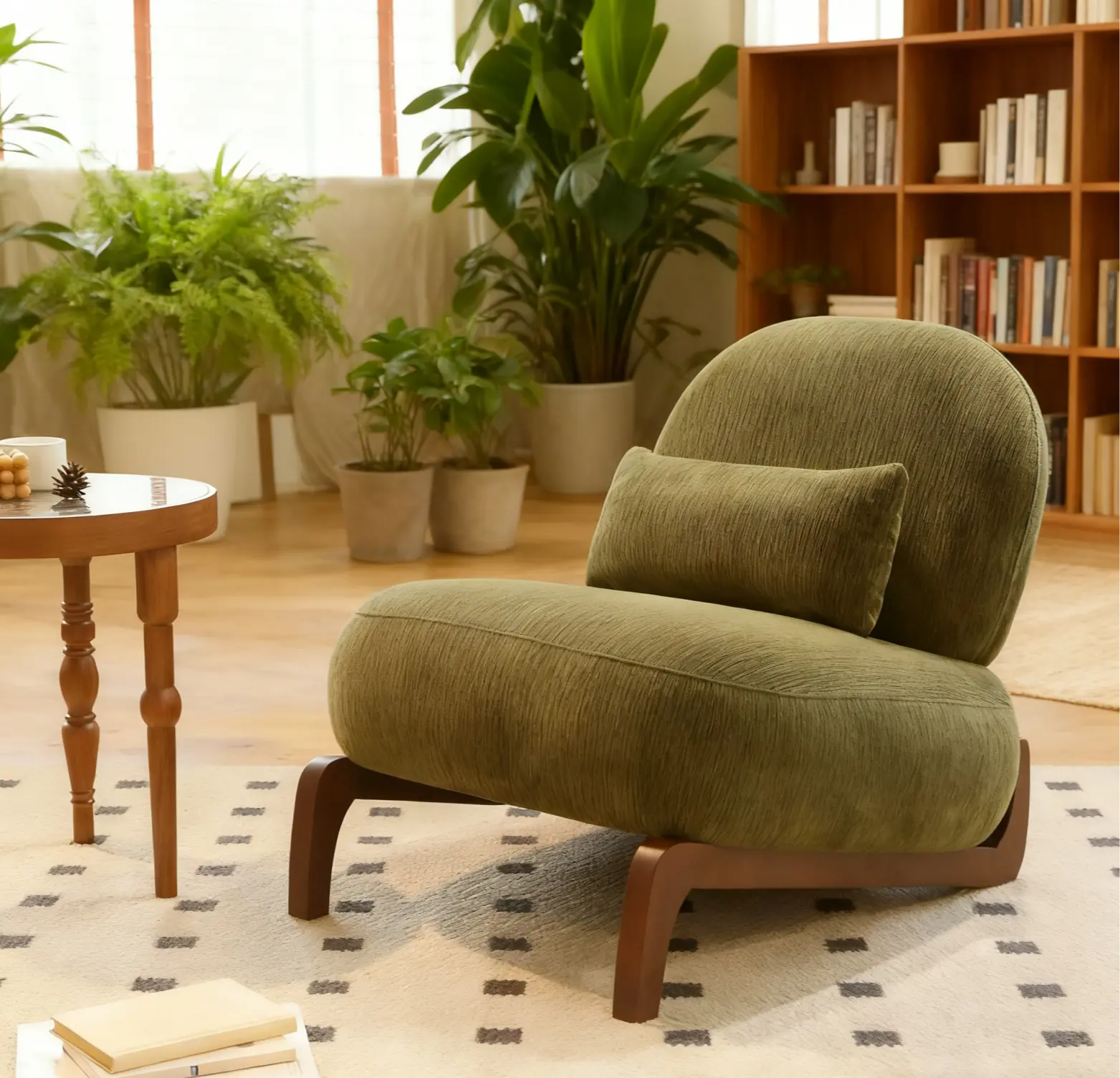 Armless Accent Chair with Solid Wood Legs, Soft Upholstered Cushion and Curved Back, 34.2-Inch Living Room or Bedroom Reading Chair, Green or White