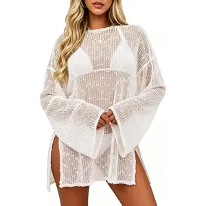 Women Crochet Sheer Kaftan Mesh Knit Bathing Swimsuit Coverup Sexy Summer Beach Dress Vacation Outfits