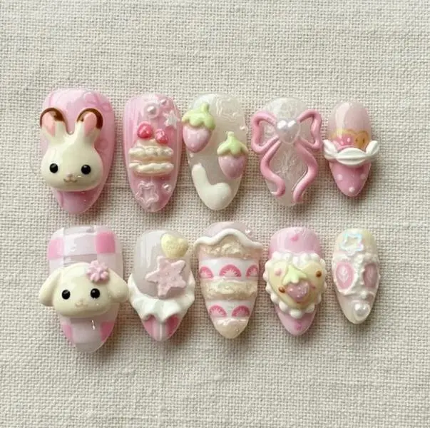 Kawaii Bunny & Strawberry Press On Nails, 3D Pastel Pink Dessert Nail Art Set