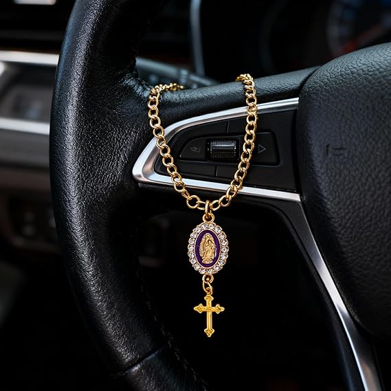 Pack Of 8 Steering Wheel Rosary Charm Accessory, Catholic Rosary Pendant Steering Wheel Decor with Virgin Mary Charm and Cross Interior Car Accessories Decorative Auto Accessories