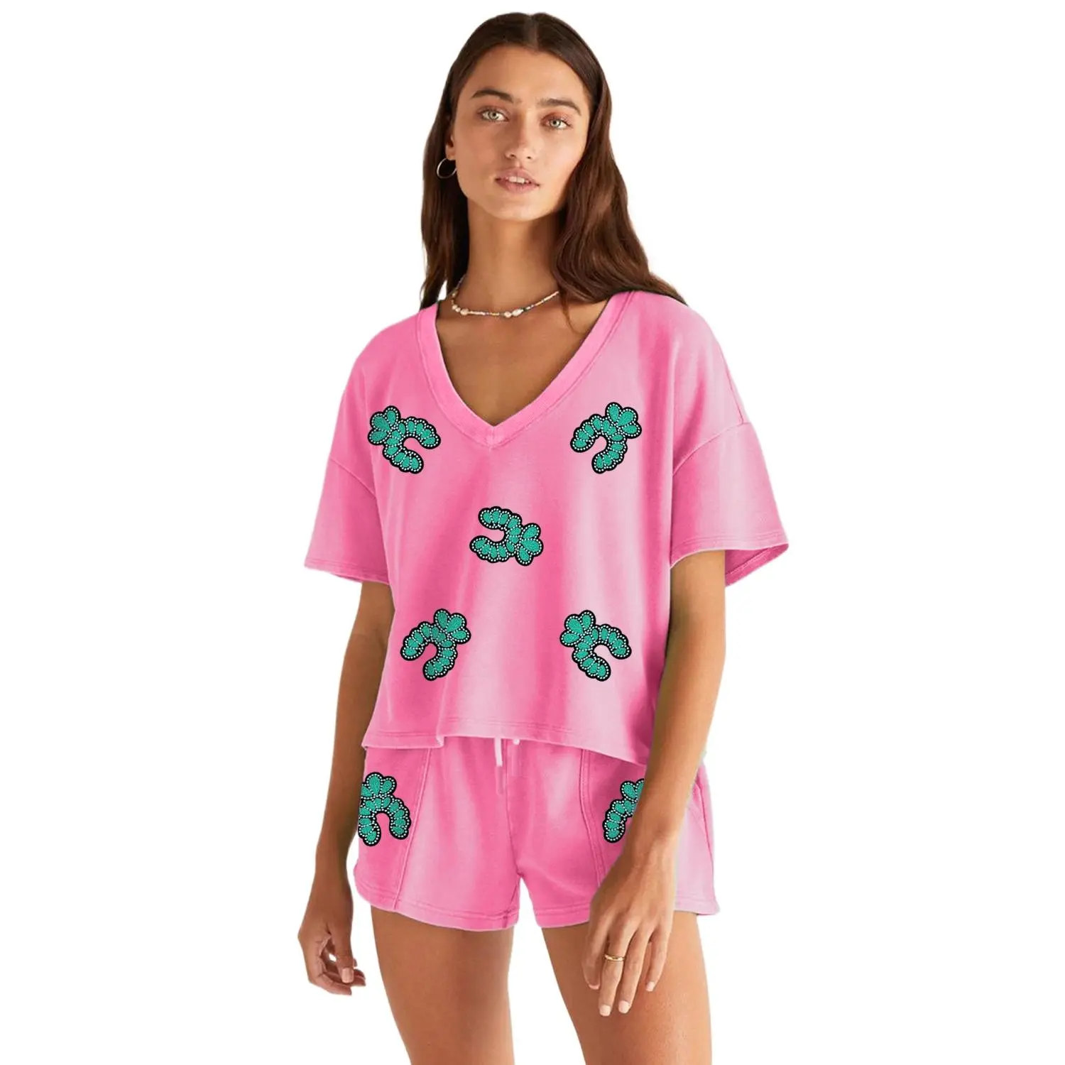 Women's Bonbon Sequin Turquoise Patched V Neck Tee & Drawstring Shorts 2-Piece Outfit