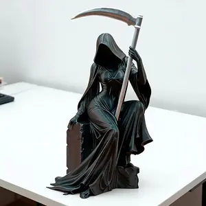 Dark Gothic Decorative Sculpture, Female Reaper Holding Scythe, Mystical Art Piece for Desktop Display, Unique Dark Atmosphere Ornament