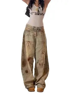 Women's Brown Printed Jeans Fashion Wide Leg Loose Low Waist Y2k Street Style Baggy Straight Denim Pants Comfortable Lightweight Casual Vintage Chic Summer Vibe