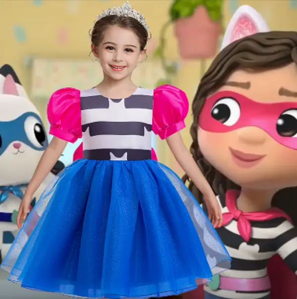 Kids Girls Gabby's Dollhouse Cosplay Dress, Puff Short Sleeve Striped Tulle Tutu Dress, Back Zipper Bow Costume Dress, Children Halloween Party Stage Performance Outfit