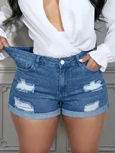 Women's High Waisted Distressed Washed Rolled Hem Denim Shorts, Casual Chic Summer Beach Vacation, Trendy Women's Fashion