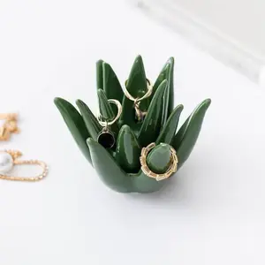 Ceramic Cactus Aloe Vera Ring Holder, Jewelry & Earring Organizer, Chic Home Decor for Study & Office Desk