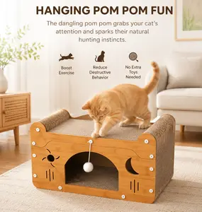 2-in-1 Cat Scratching Station House with Bamboo Frame, Corrugated Surface, Pom-Pom Toy, Sturdy Non-Slip Design for Scratching, Resting, Scratching Station Houses