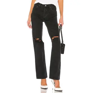 RE/DONE Originals High Rise Loose Jeans in Washed Black With Rips
