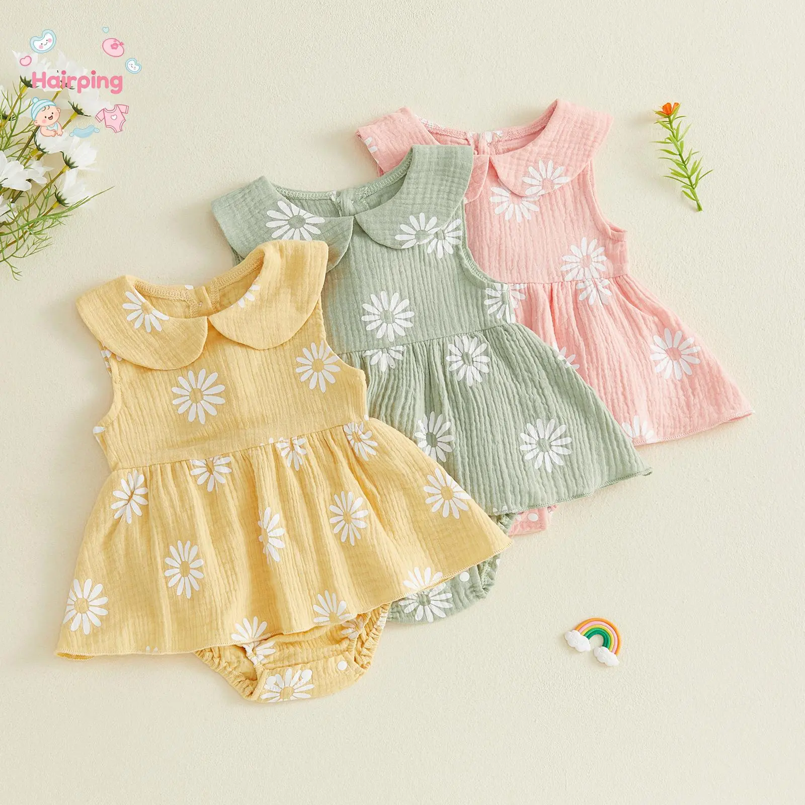 Baby Girl Daisy Print Romper Dress - Sleeveless Peter Pan Collar Muslin Bodysuit, Cotton-Linen-Elastane Blend, Soft Breathable Summer Outfit for 0-3/12-18 Months Infants, Ideal for Daily Wear