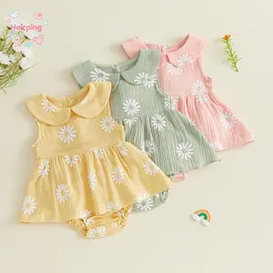 Baby Girl Daisy Print Romper Dress, Sleeveless Peter Pan Collar Muslin Bodysuit, Cute Floral Summer Outfit for Infant Newborn, Soft Breathable Cotton Linen Blend, Ideal for Daily Wear