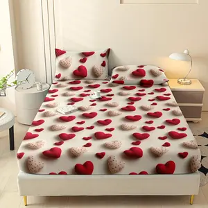 Bedroom 3D Heart Print Elastic Band Bed Sheet Set, 1 Fitted Sheet + 2 Pillowcases, Soft Comfortable, Ideal for Bedroom，Love Pattern，Valentine'S Day，Romantic, Bedroom Decor