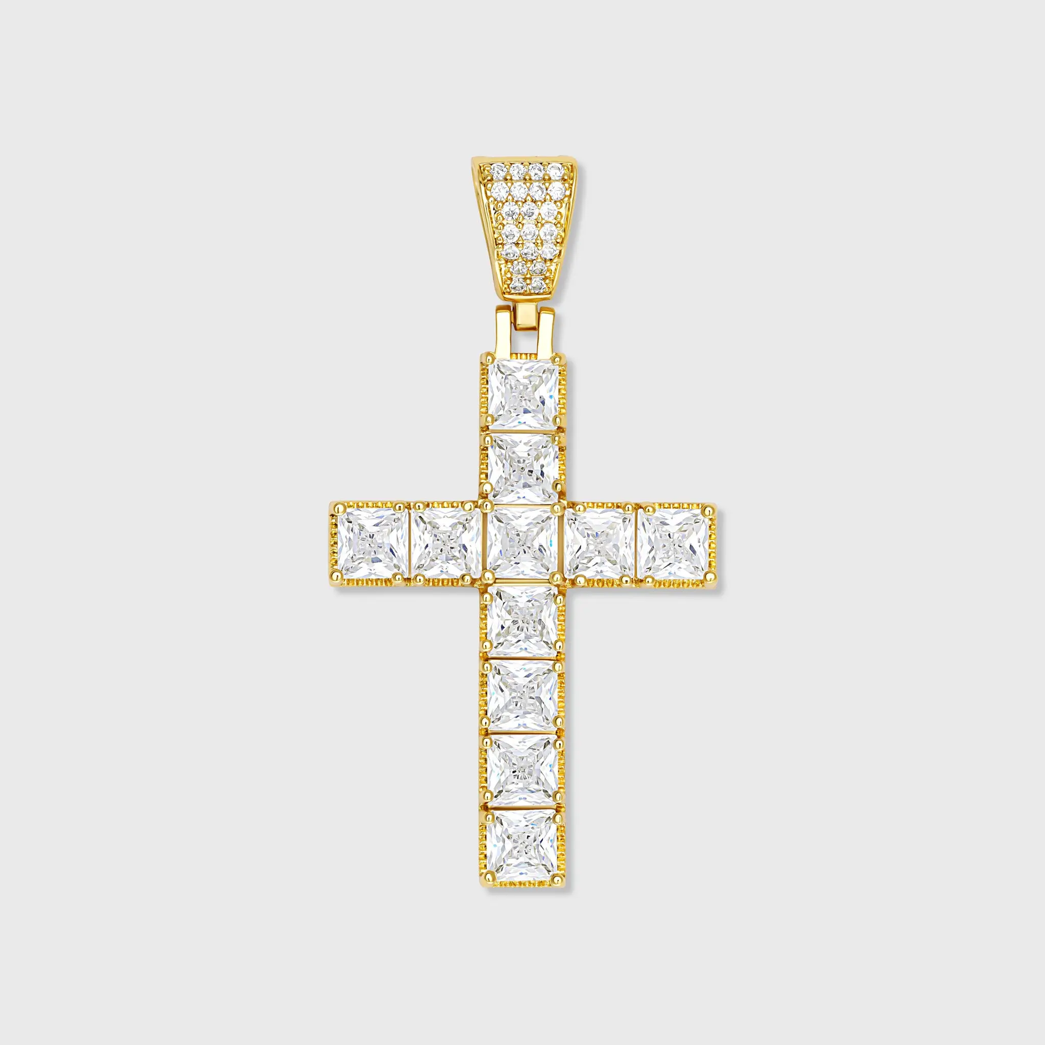 IMPERIUM JEWELRY Cross Pendant - 14K Gold Plated, Princess Diamond Cut, Diamond Studded Pendant, Elegant Necklace Charm, Princess Cut