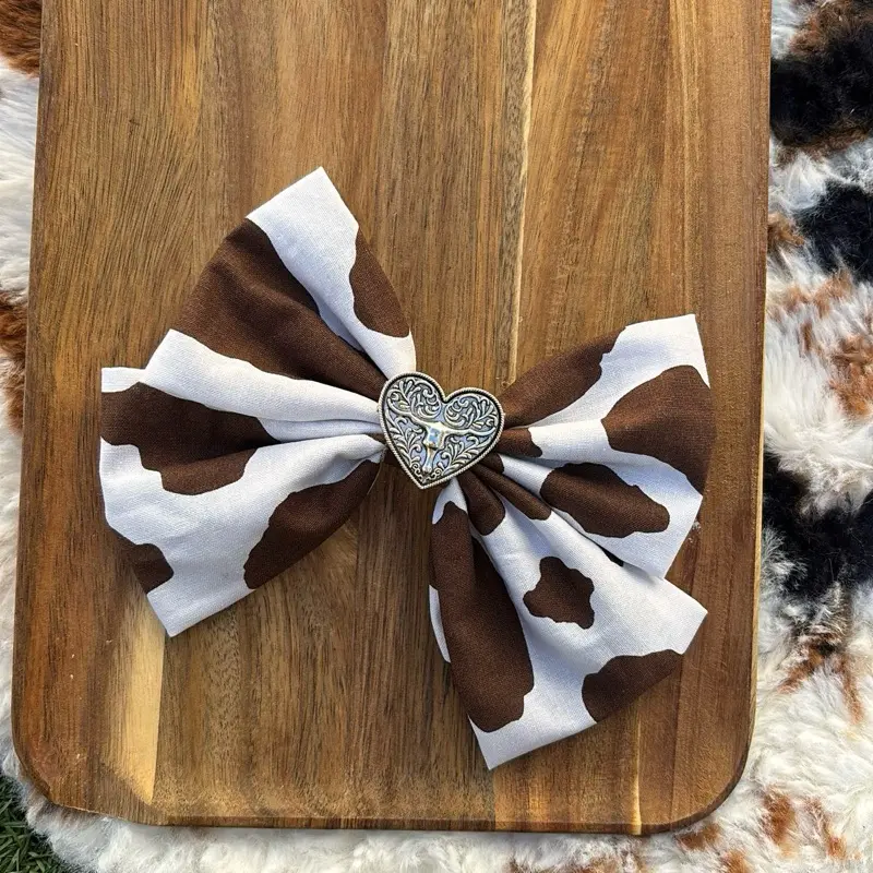 Decorative Hair Clips - Brown Cowprint Short Western Bowknot Hair Barrettes with Animal Charms, Bow Shape Updo Accessories for Country Girl Aesthetic Outdoor Outfits, Updo Hair Accessories