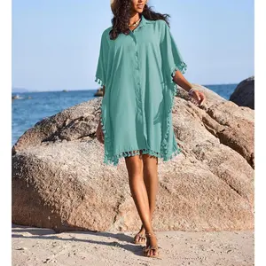 Women's Swimwear Cover Ups 3/4 Sleeve Beach Coverup with Tassel Button Down Oversized Swimsuit Cover Up Shirt S-3XL