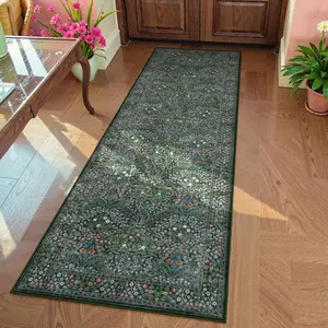 Floral Washable Runners for Hallways, 2x6 Runner Rug Non Slip Ultra-Thin, Boho Soft Hallway Rug Forest Green Carpet for Kitchen Bedroom Bathroom Laundry Room, Dark Green
