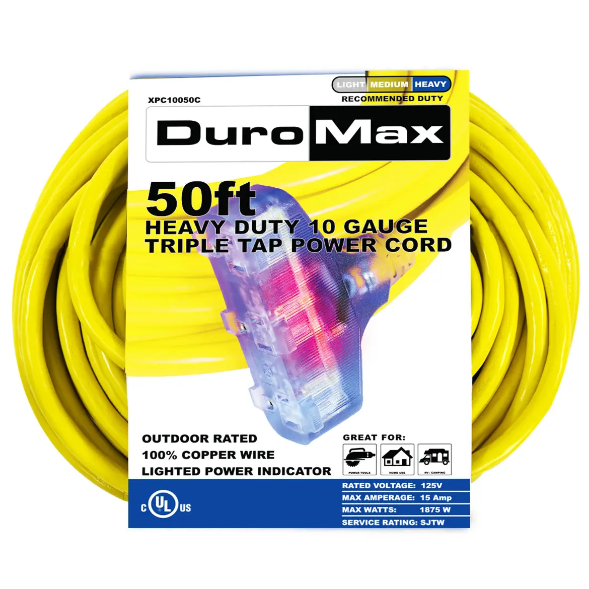 50-Foot 10 Gauge Triple Tap Extension Power Cord