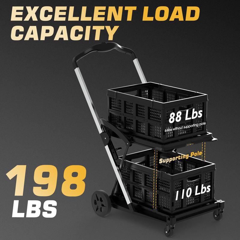 TOOLIOM Heavy-Duty Collapsible Utility Cart, 198Lbs Capacity Folding Trolley with 2 Removable Baskets, Adjustable Aluminum Frame & Quiet Rubber Wheels for Grocery Shopping, Office, Camping and Home