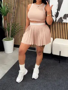 Women's Sleeveless Short Vest & Pleated Skirt Set, Crop Top, Fit, Casual Fashion, H3089 European Style, Summer Wear, Perfect for Daily Use