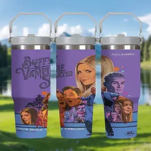 1pc Vampire Hunter Buffy retro album-style stainless steel insulated cup, Tumbler, 30oz, with handle and straw, leak-proof travel cup, suitable for both hot and cold drinks, ideal gift for Valentine's Day, Father's Day, leak-proof must-have for travel