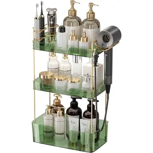 Makeup Organizer 3 Tier Organizer Countertop Makeup Perfume Tray Skincare Organizer Comes with Hair Dryer Rack and Toothbrush Holder for Dresser (Green)